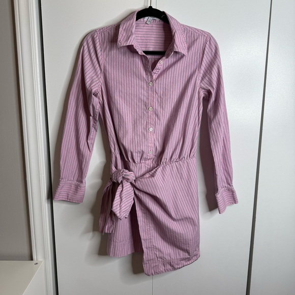 Derek Lam 10 Crosby Striped Poplin Tie-Front Long-Sleeve Shirtdress Pink - 4 - Picture 2 of 11